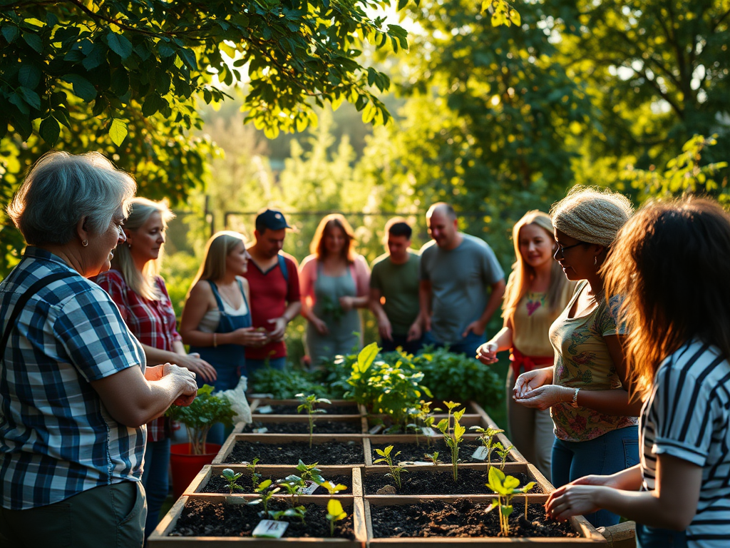 Un grup de persones observant i treballant en un hort comunitari, amb planters i vegetals al primer pla, sota la llum càlida del sol.