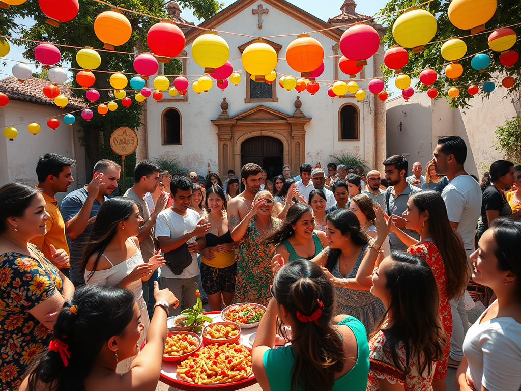Una celebració animada amb una gran quantitat de persones al voltant d'una taula plena de menjar, decorada amb llums de colors i amb una església al fons.