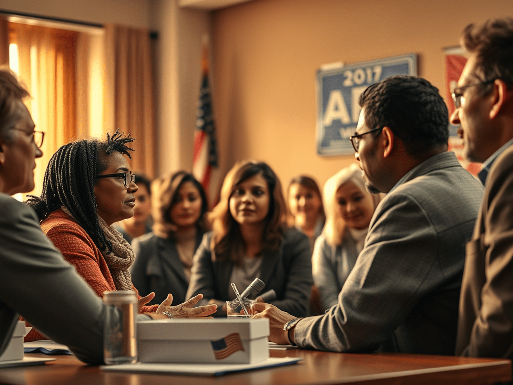 Reunió de grup amb diversos participants discutint temes polítics en un ambient formal, amb senyals de campanya electoral al fons.