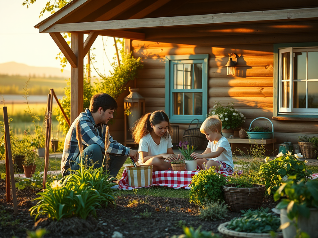Una família passant temps junts a l'exterior d'una casa de fusta, cuidant plantes al jardí durant el capvespre.