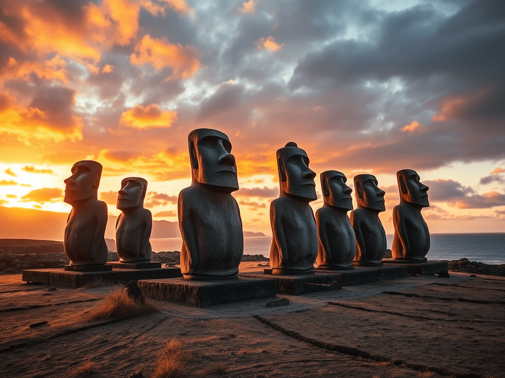 Set moais impressionants al capvespre a l'Illa de Pasqua, amb el mar de fons i núvols colors al cel.
