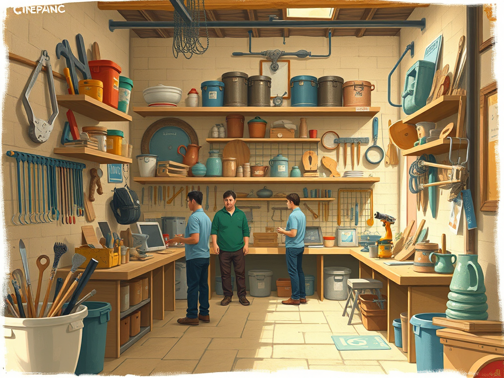 Imatge d'un espai de cosateca amb prestatges plens d'eines, recipients i objectes per compartir, amb tres persones interactuant al centre.