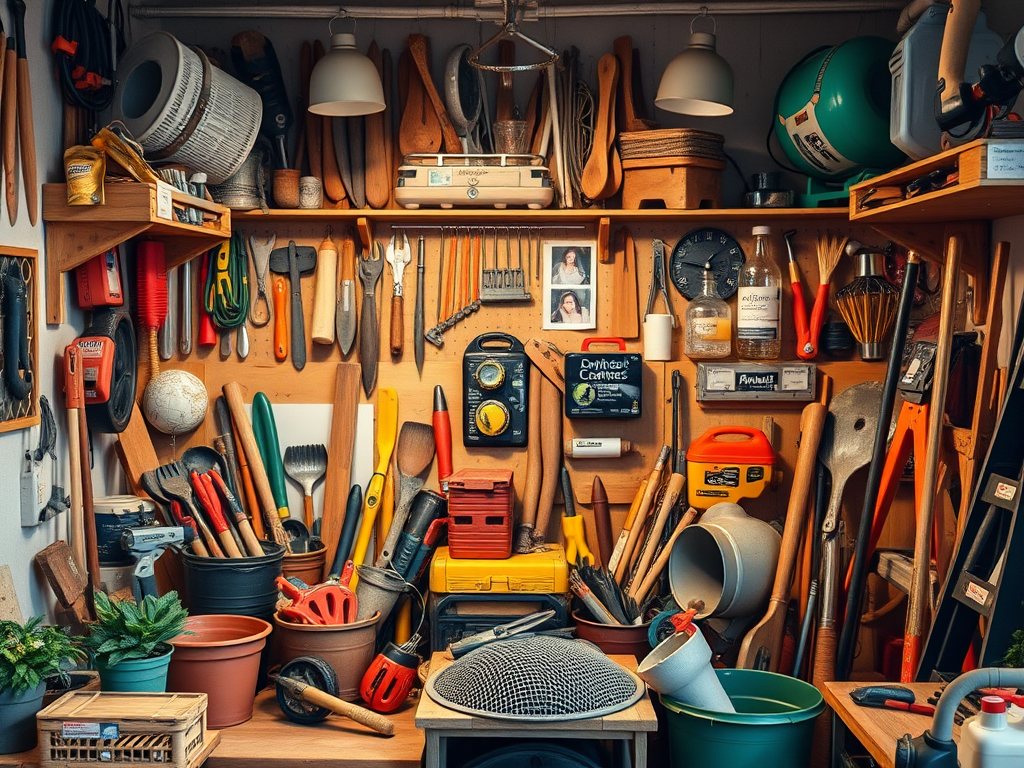 Un taller ben organitzat amb diverses eines i objectes de jardineria i bricolatge, incloent-hi pales, rasclets, i recipients, tots penjats o apilats sobre un fons de fusta.