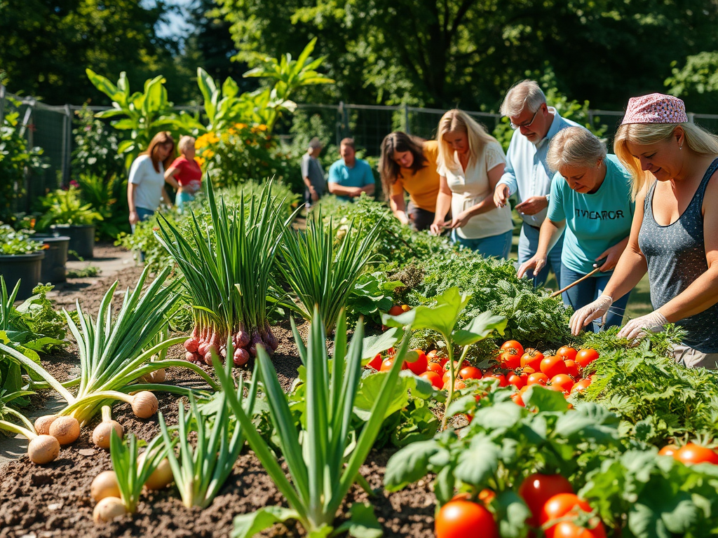 Grup de persones treballant en un hort comunitari, collint verdures i hortalisses com cebes, tomàquets i pastanagues en un dia assolellat.