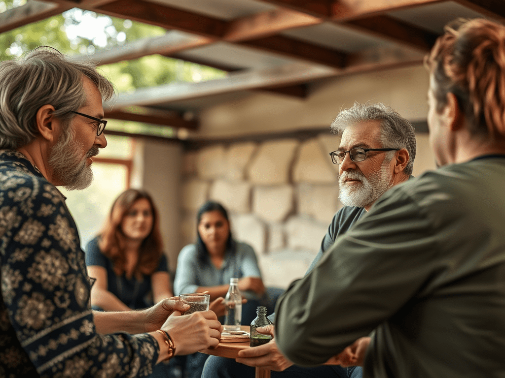 Un grup de cinc persones participen en una conversa informal a l'interior d'una sala, amb taula de fusta i begudes a les mans.