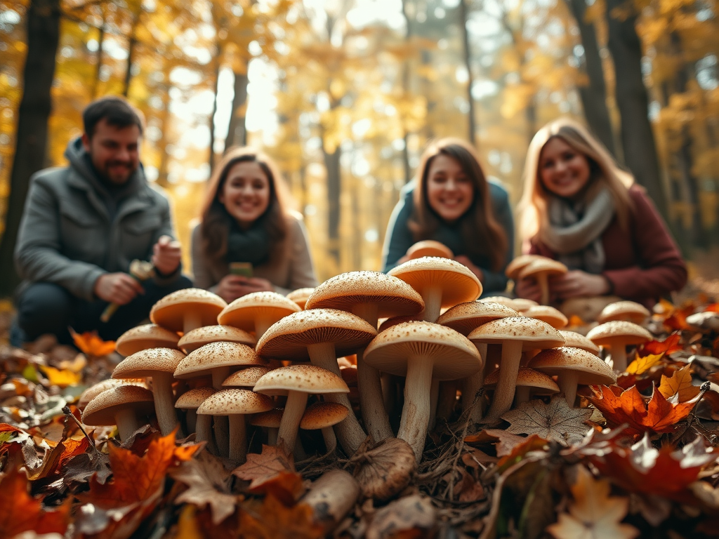 Grup de persones recollint bolets en un bosc amb fulles caigudes de tardor.