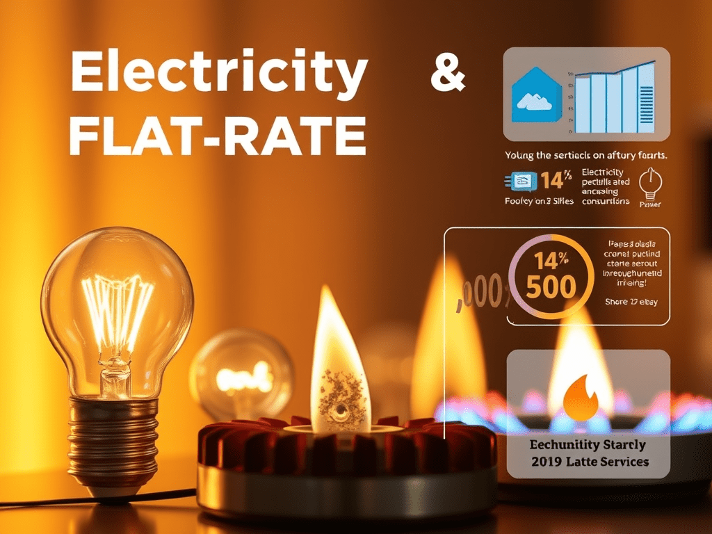 Il·lustració digital sobre tarifes planes d'electricitat i gas, amb una bombeta encendida i flames de gas, acompanyada de gràfics i textos informatius.