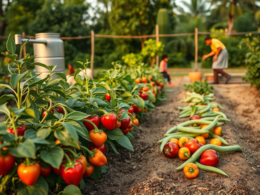 Una horta amb pebrots i tomàquets madurs, amb un monitor i un nen treballant en el fons.