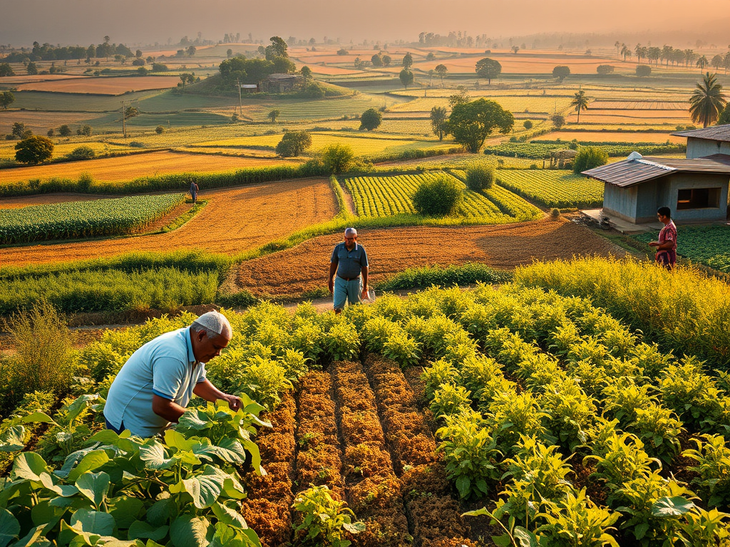 Dos agricultors treballant en un camp verd amb diverses capes de cultius, amb un paisatge rural que s'estén al fons i un cel daurat al capvespre.
