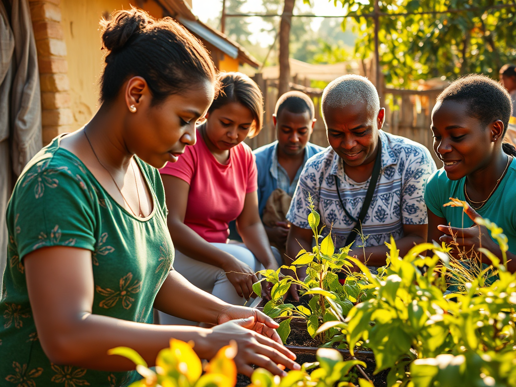 Grup de persones treballant en un hort comunitari, cuidant plantes i interaccionant entre ells en un entorn a l'aire lliure.
