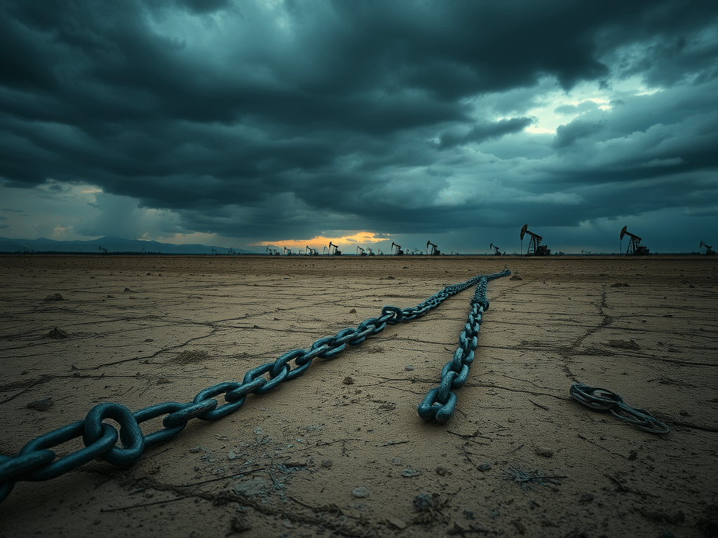 Vista d'un paisatge desèrtic amb cadenes de metall al primer pla, sota un cel nuvolat amb tocs de llum al fons i torres de perforació de petroli a la distància.