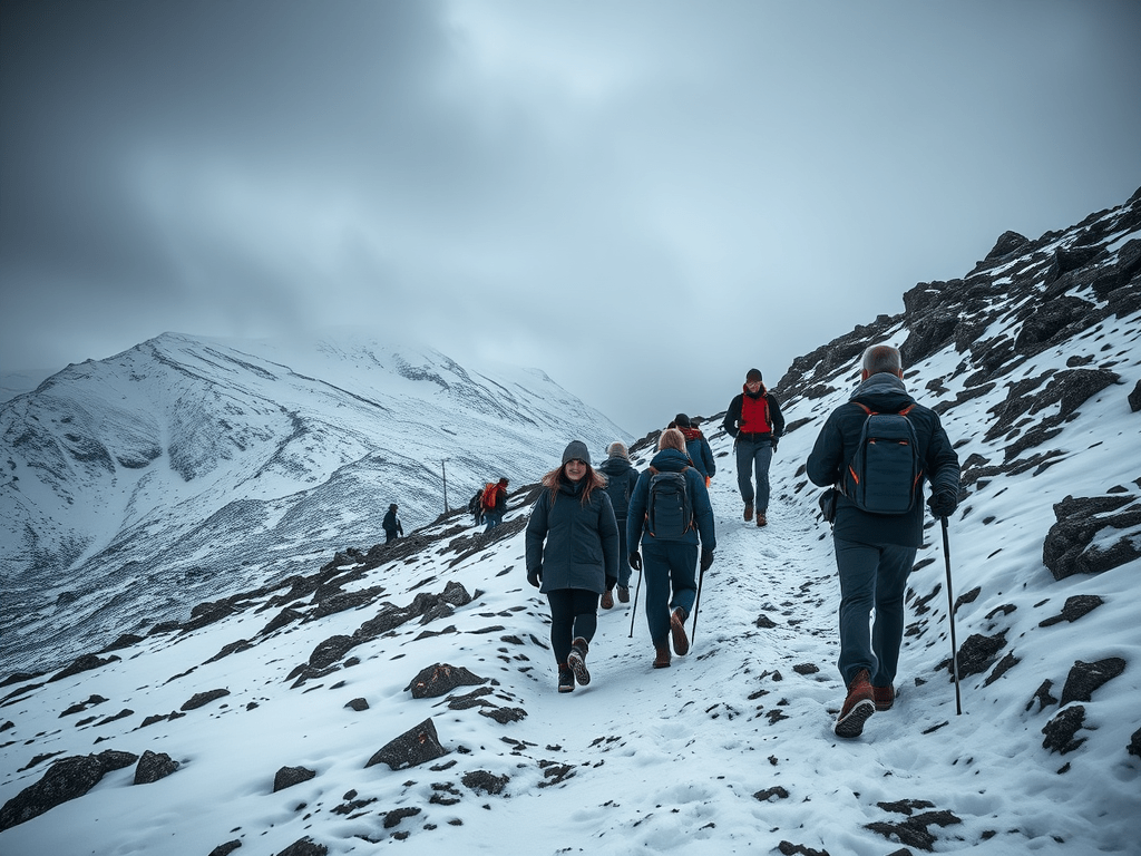Grup de persones caminant per un sender muntanyós cobert de neu, amb formacions rocoses i cims nevats al fons.