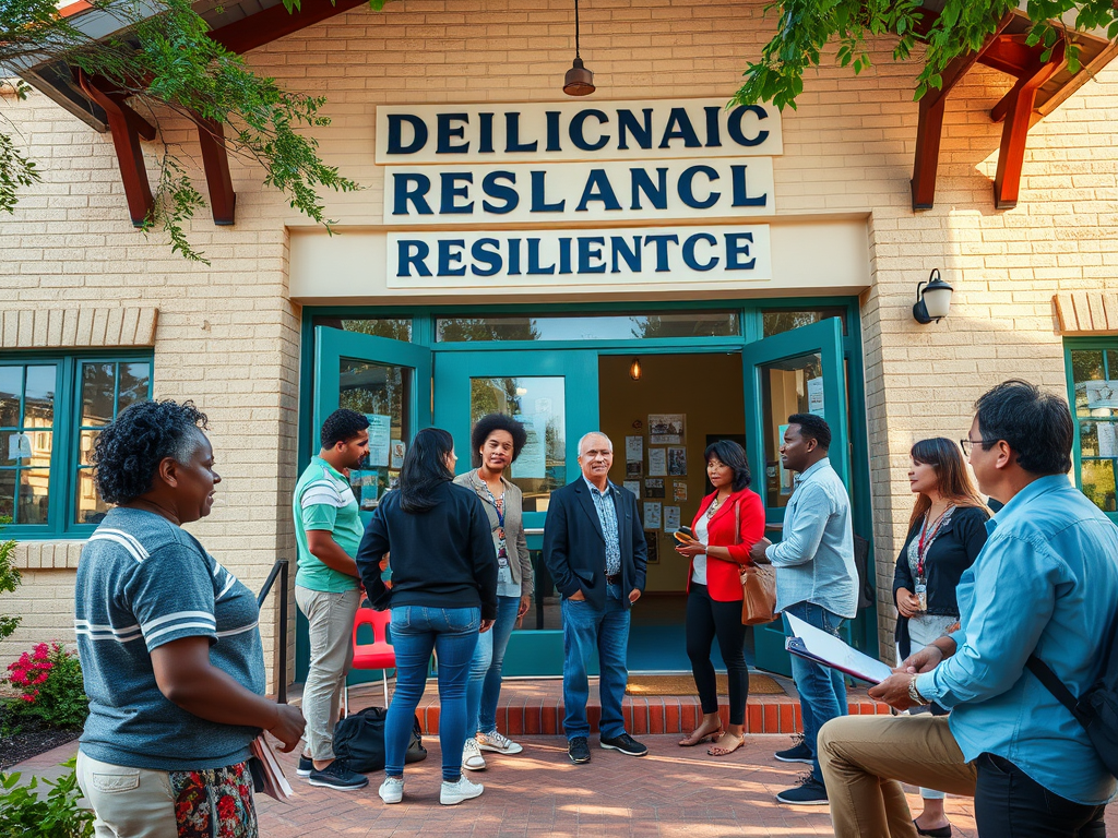 Un grup de persones reunides davant d'un edifici amb el rètol 'Resiliència'. Estan conversant i interactuant en un ambient comunitari.