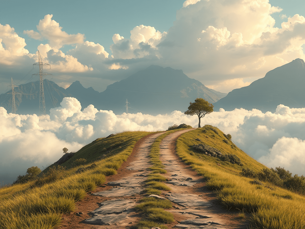Un camí de terra serpentegen un turó verd, amb una solitària arbre i núvols blancs sota un cel blau, amb muntanyes al fons.