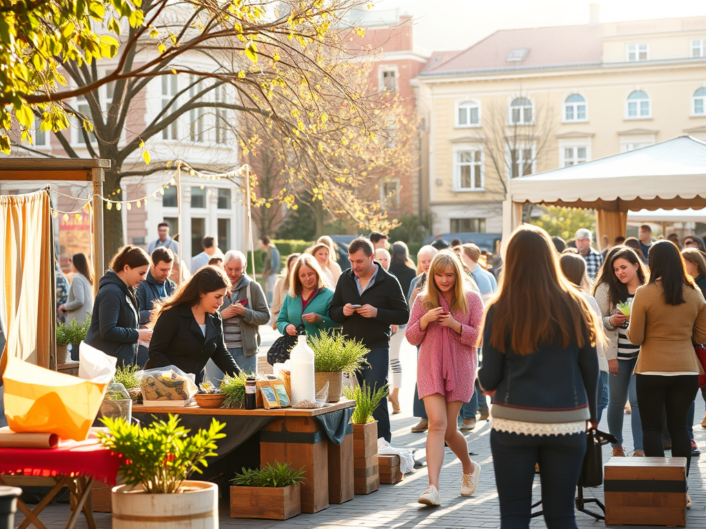Mercat o fira amb diverses persones interactuant, amb taules de productes naturals i decoració exterior en un entorn urbà durant una tarda assolellada.