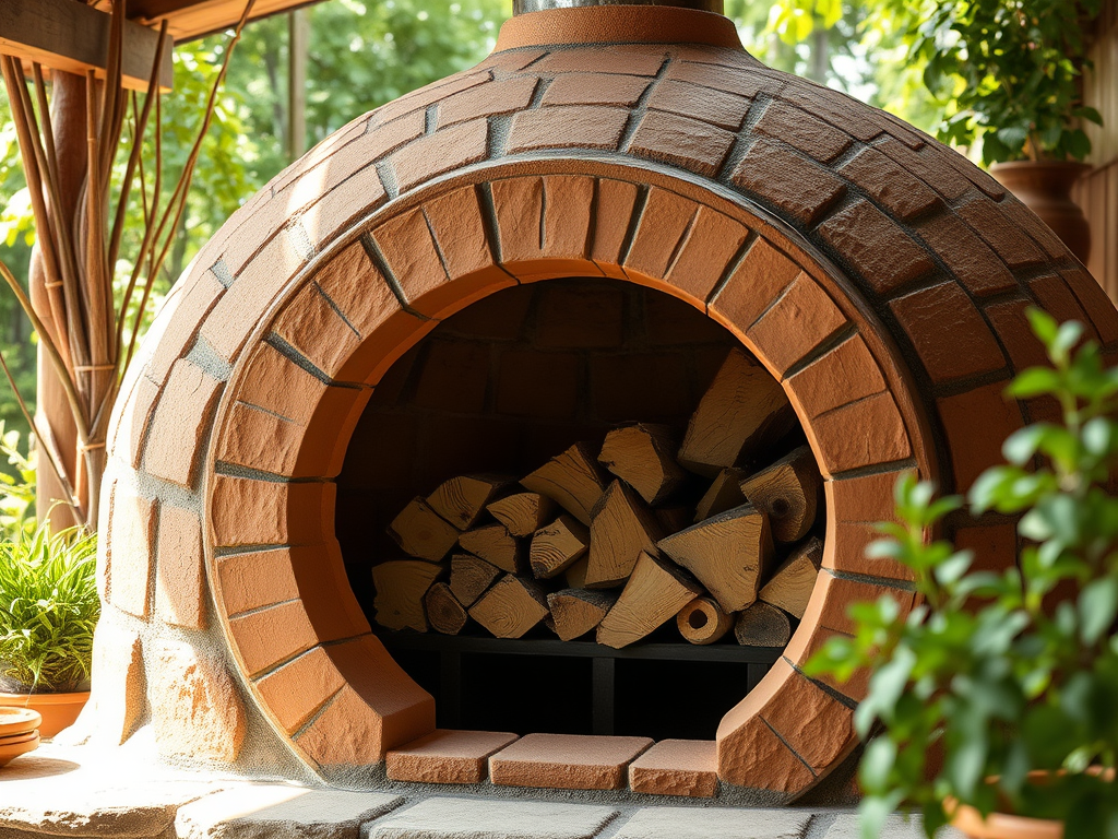 Forn de llenya tradicional amb estructura de pedra, equipat amb llenya a l'interior, situat en un entorn natural.