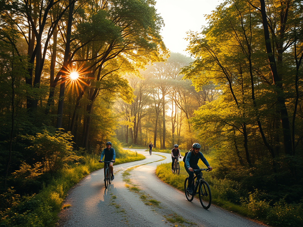 Diverses persones muntant en bicicleta per un camí en un bosc durant el matí, amb raigs de sol filtrant-se a través dels arbres.