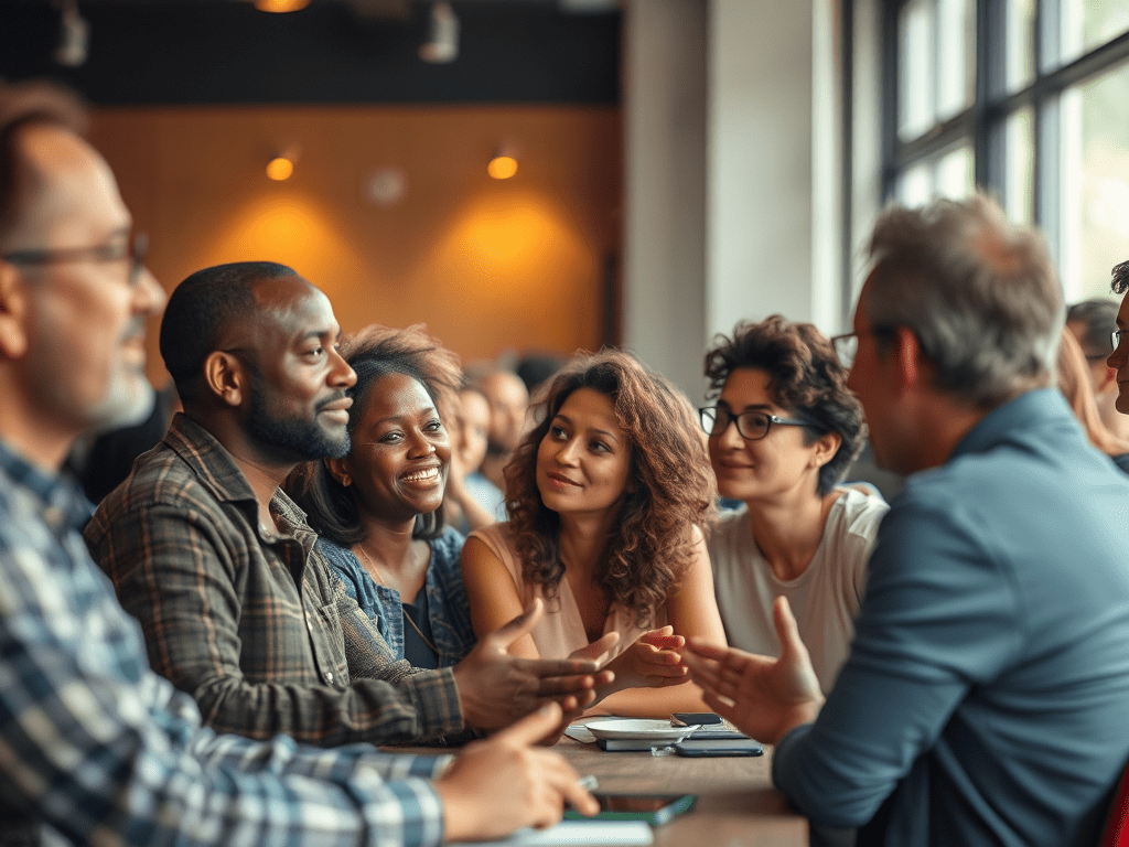 Grup de persones durant un diàleg a l'assemblea, mostrant interacció i converses al voltant d'una taula.