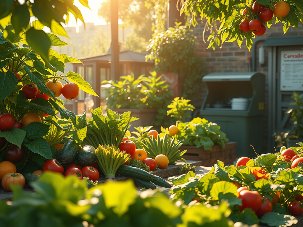 Hort amb verdures i fruites fresques, com tomàquets, carbassons i cítrics, en un ambient il·luminal per la llum del sol.