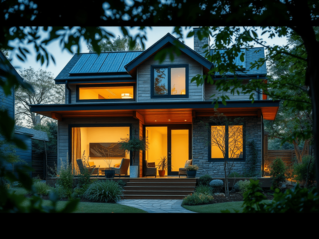 Fotografia d'una casa ecològica amb energia solar, situada en un entorn natural, il·luminada durant la tarda.