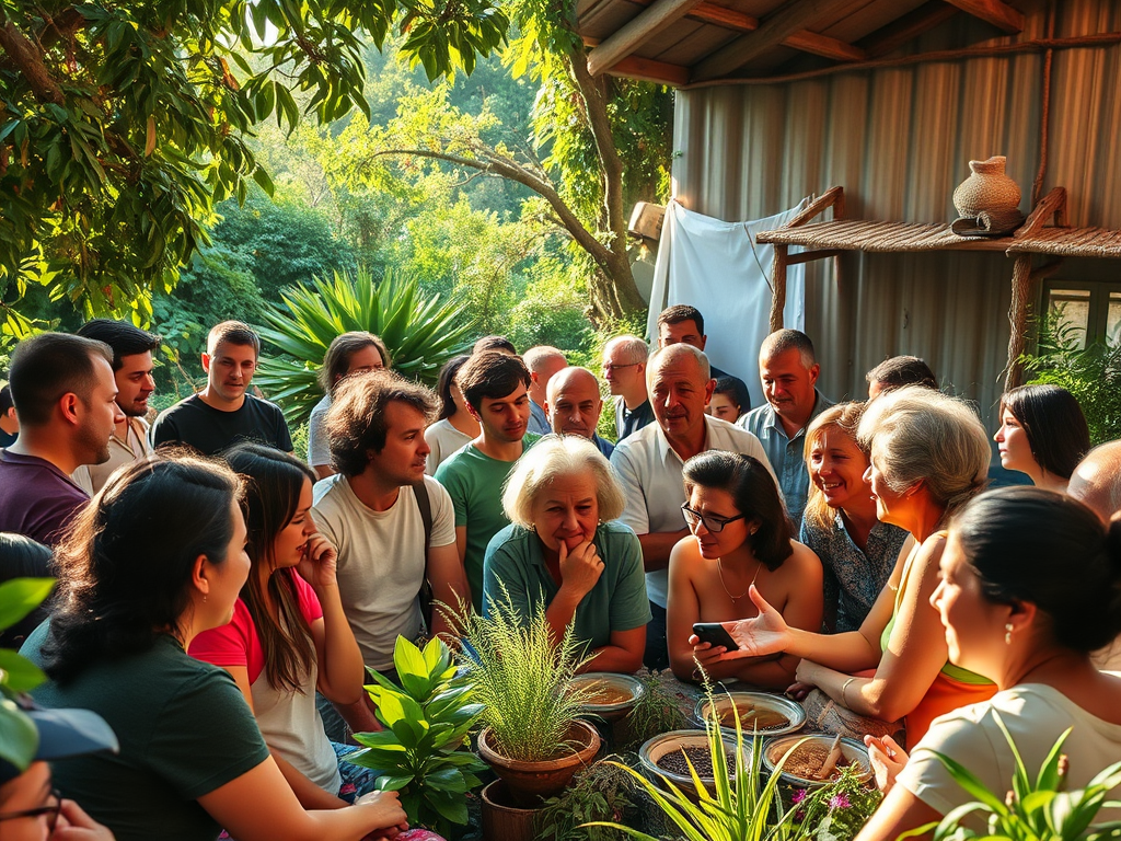 Grup de persones reunides en un espai exterior, interaccionant durant una assemblea, envoltades de plantes i elements naturals.