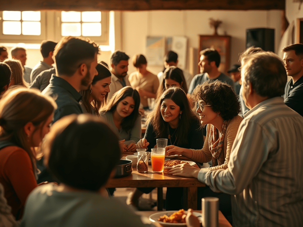 Un grup de persones gaudint d'un dinar col·lectiu en un ambient festiu, amb taules plenes de menjar i begudes, en un espai acollidor.