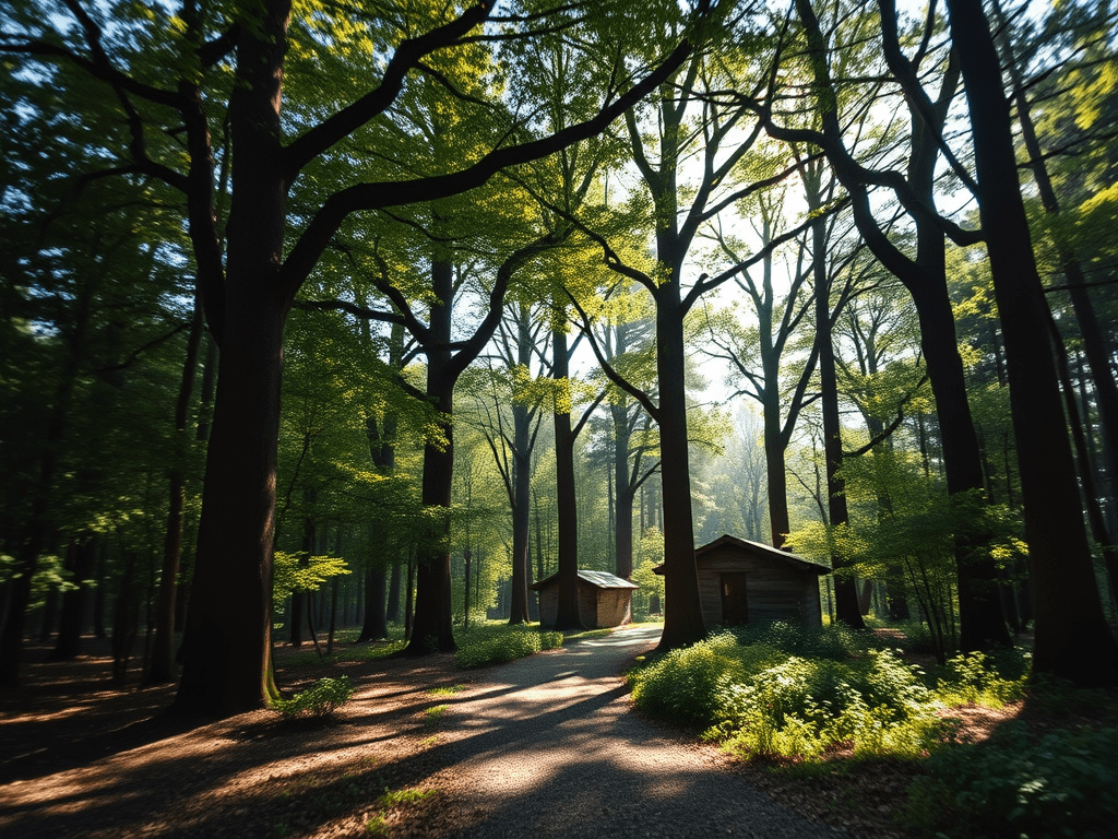 Camí amb edificis de fusta entre arbres alts a la fageda de la Grevolosa.