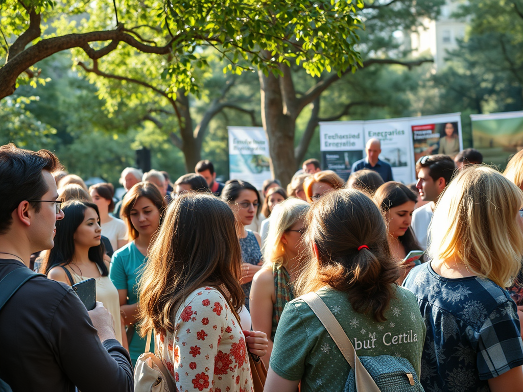 Un grup de persones reunides a l'aire lliure en un esdeveniment, amb pancartes al fons que promouen energies renovables.