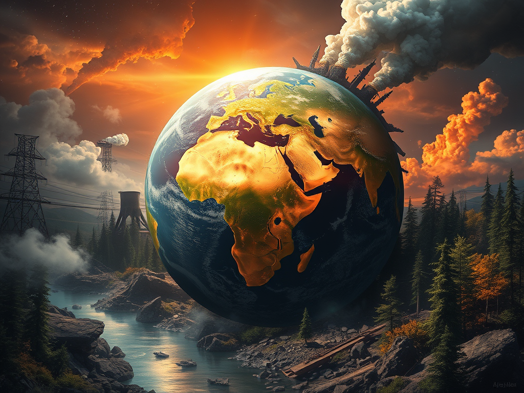 Il·lustració digital que representa la Terra amb efectes visuals de contaminació, com fums i indústria, al fons d'un paisatge natural amb arbres i un riu en primer pla.