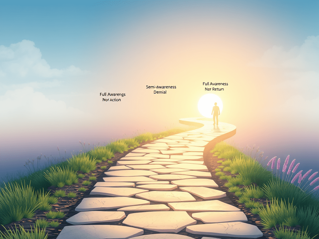 Camí que simbolitza les etapes de la transició personal, amb un figurant al final avançant cap a una llum, envoltat de vegetació.