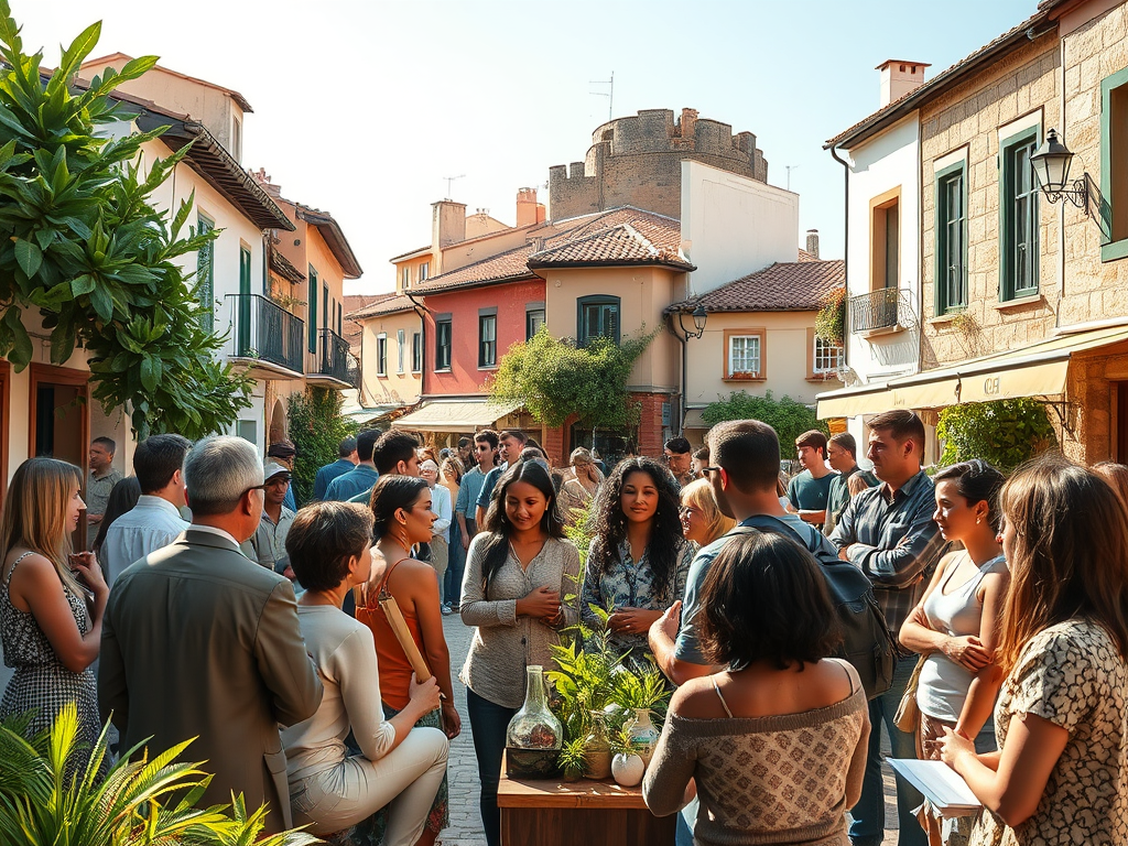 Un grup de persones conversant en un carrer amb case de colors i vegetació, en un ambient càlid i assolellat.