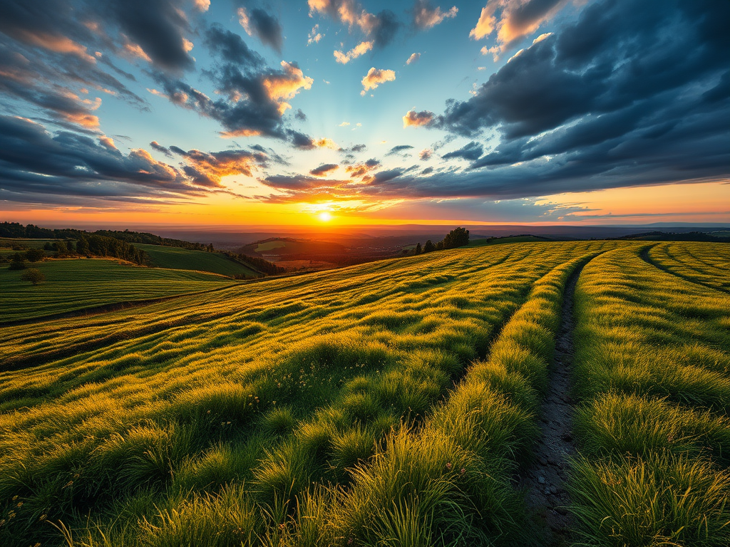 Paisatge rural amb camps de herba verda il·luminats per la llum dorada del sol a l'horitzó, amb núvols dramàtics al cel.