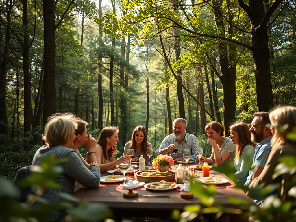 Un grup de persones gaudint d'un dinar a l'aire lliure al bosc, amb taula decorada i plats de menjar, envoltades de vegetació verda i llum natural.