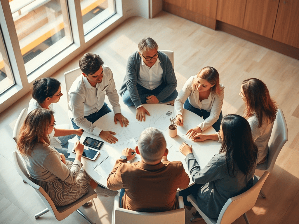 Un grup de persones reunides al voltant d'una taula, discutint i prenent notes en un entorn d'oficina amb grans finestrals.