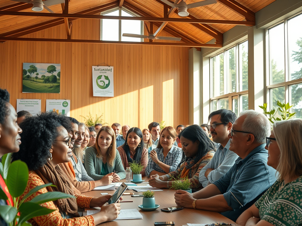 Reunió participativa sobre sostenibilitat amb assistents diverses en un espai ben il·luminat i amb plantes decoratives.