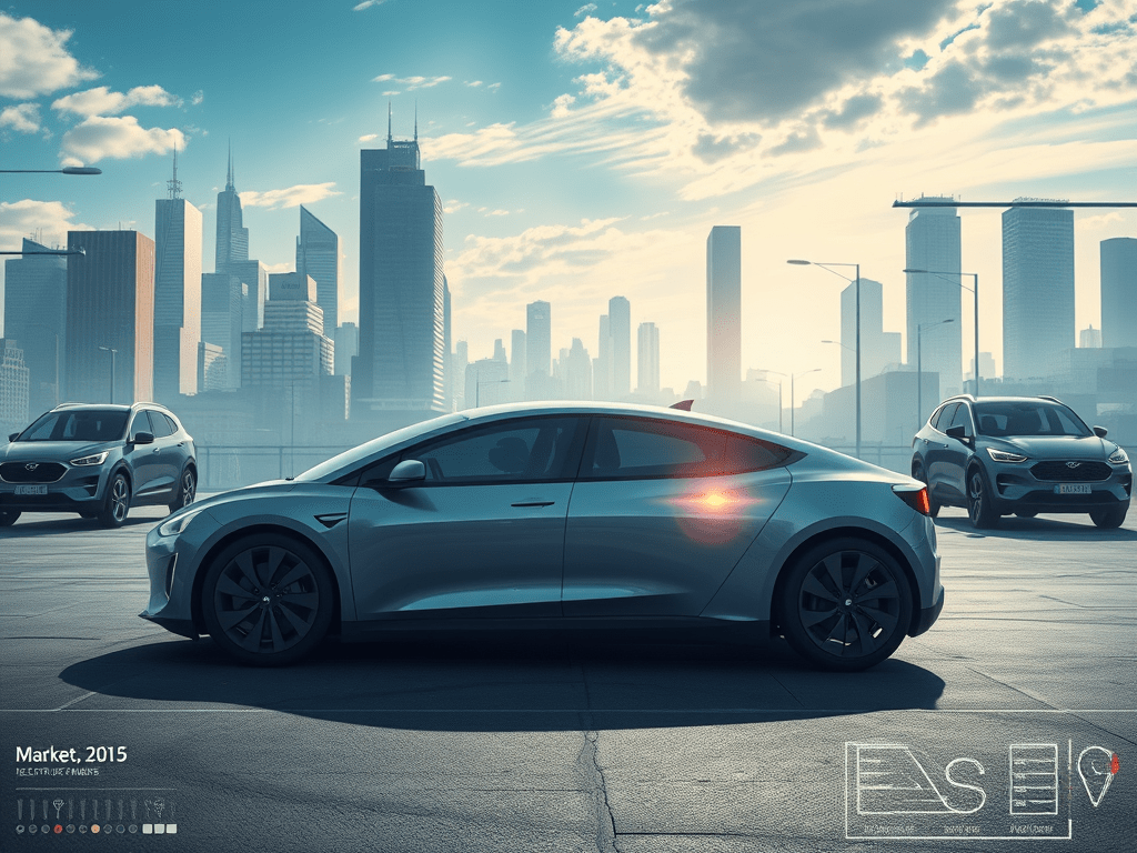 Cotxe elèctric Tesla Model 3 aparcat davant d'un skyline urbà amb altres vehicles al fons.