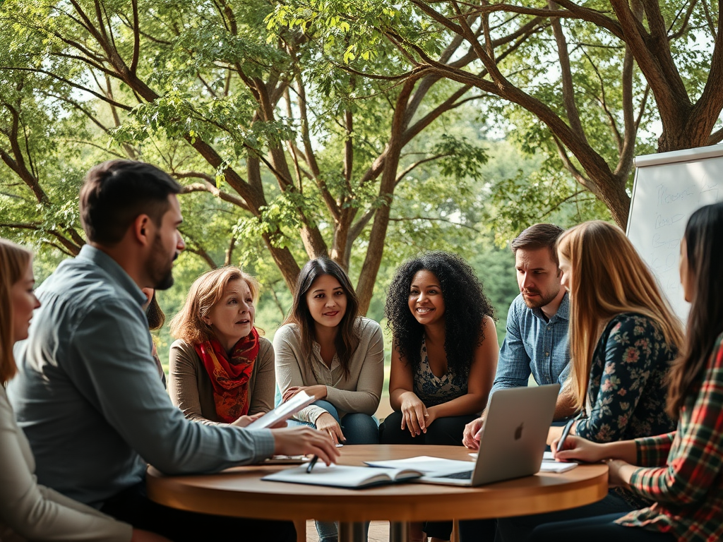 Un grup de joves reunits al voltant d'una taula en un entorn natural, discutint i treballant en projectes amb un ordinador portàtil i documents.