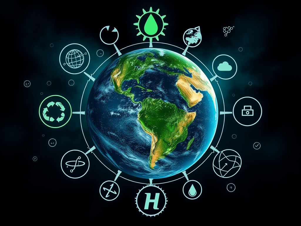 Il·lustració digital d'un globus terràqui envoltat de símbols ecològics, representant temes de sostenibilitat i medi ambient.
