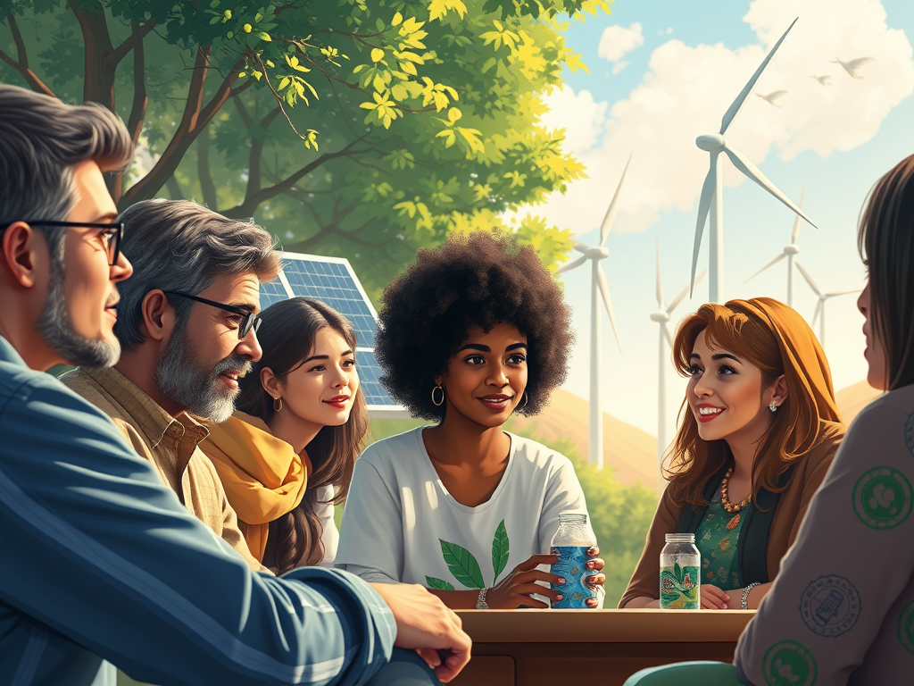 Un grup diverse de persones conversant al voltant d'una taula en un entorn natural, amb panells solars i molins d'aire al fons.