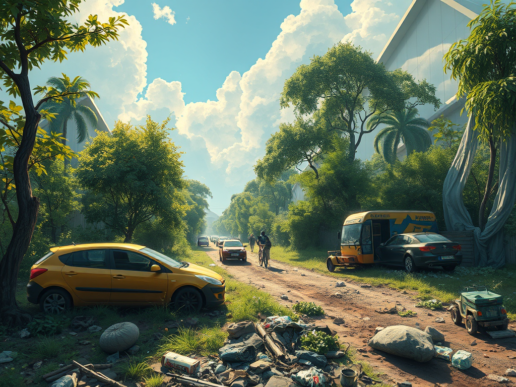 Una escena que representa un camí rural amb cotxes i residus, envoltat de vegetació exuberant i arbres, il·lustrant els efectes de la contaminació i el canvi climàtic.