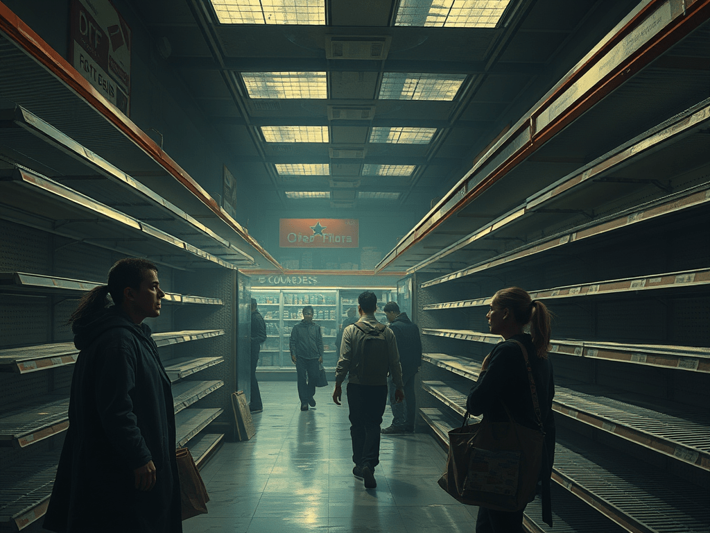 Interior d'un supermercat amb prestatges buits, mentre diverses persones busquen productes i miren al seu voltant.