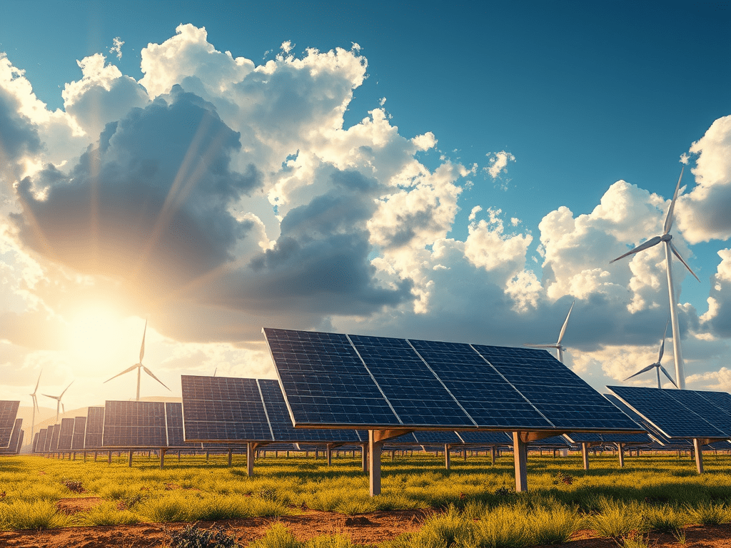 Panoràmica d'un camp de plaques solars amb molins de vent al fons, il·luminat per la llum del sol a l'alba.