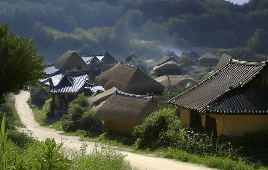 Vista d'una comunitat rural amb cases de teulada de palla al llarg d'un camí envoltat de vegetació.