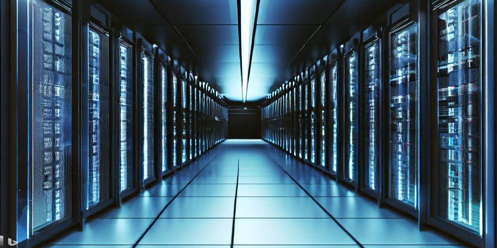 Data center amb línies de servidors en un passadís il·luminat amb llum blava.
