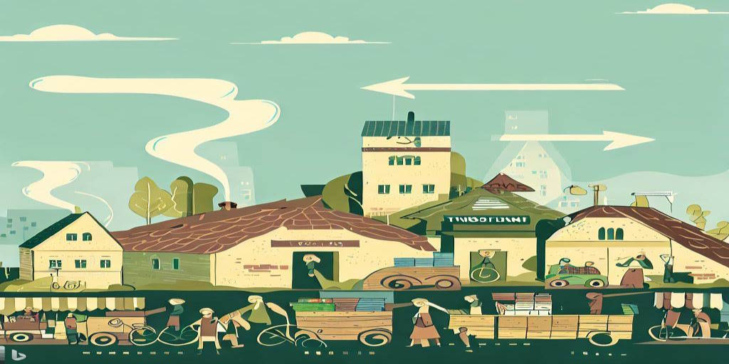 Il·lustració d'una comunitat sostenible amb edificis, vehicles, i activitats comercials locals, mostrant un estil de vida alternatiu enfocat en la sostenibilitat i la transició ecològica.