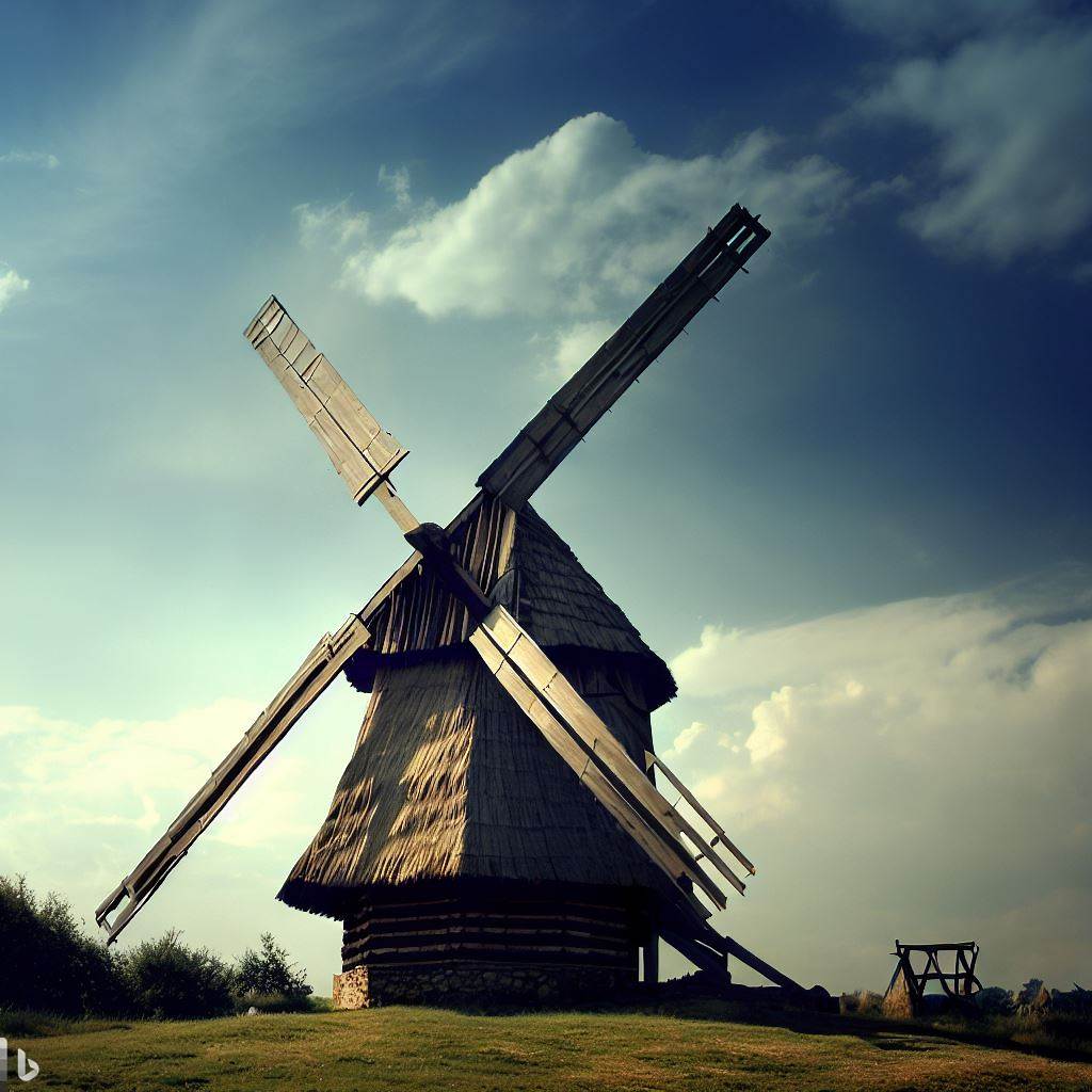 Molí antic de fusta, que destaca davant un cel ennuvolat amb núvols blaus i blancs.