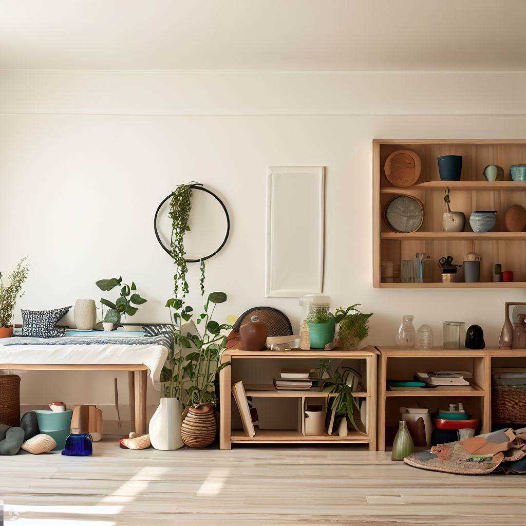 Un espai de vida minimalista amb plantes, mobiliari de fusta i diverses decoracions, incloent vaixelles i llibres, que il·lustra el concepte de reducció d'objectes.