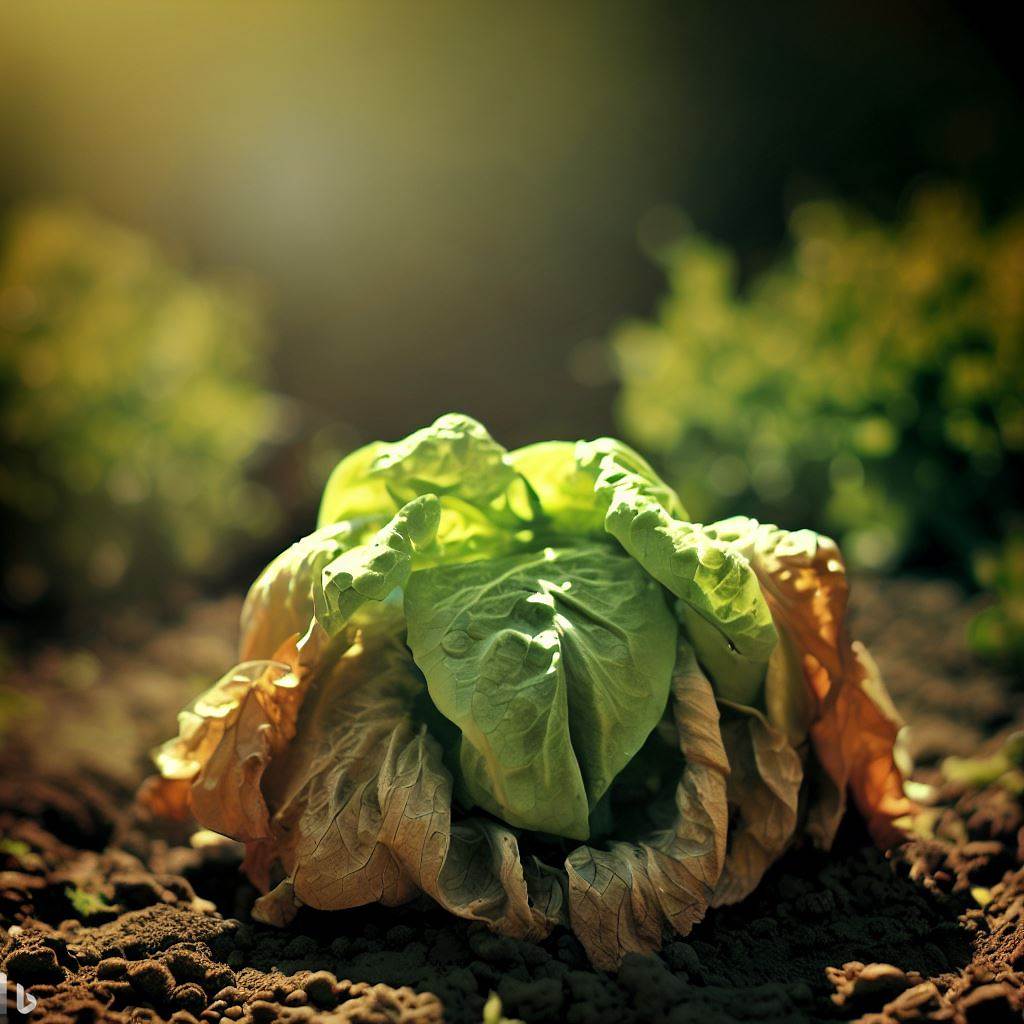 Una planta d'enciam amb fulles marronoses, indicativa d'estrès hídric, en un hort amb fons desenfocat.