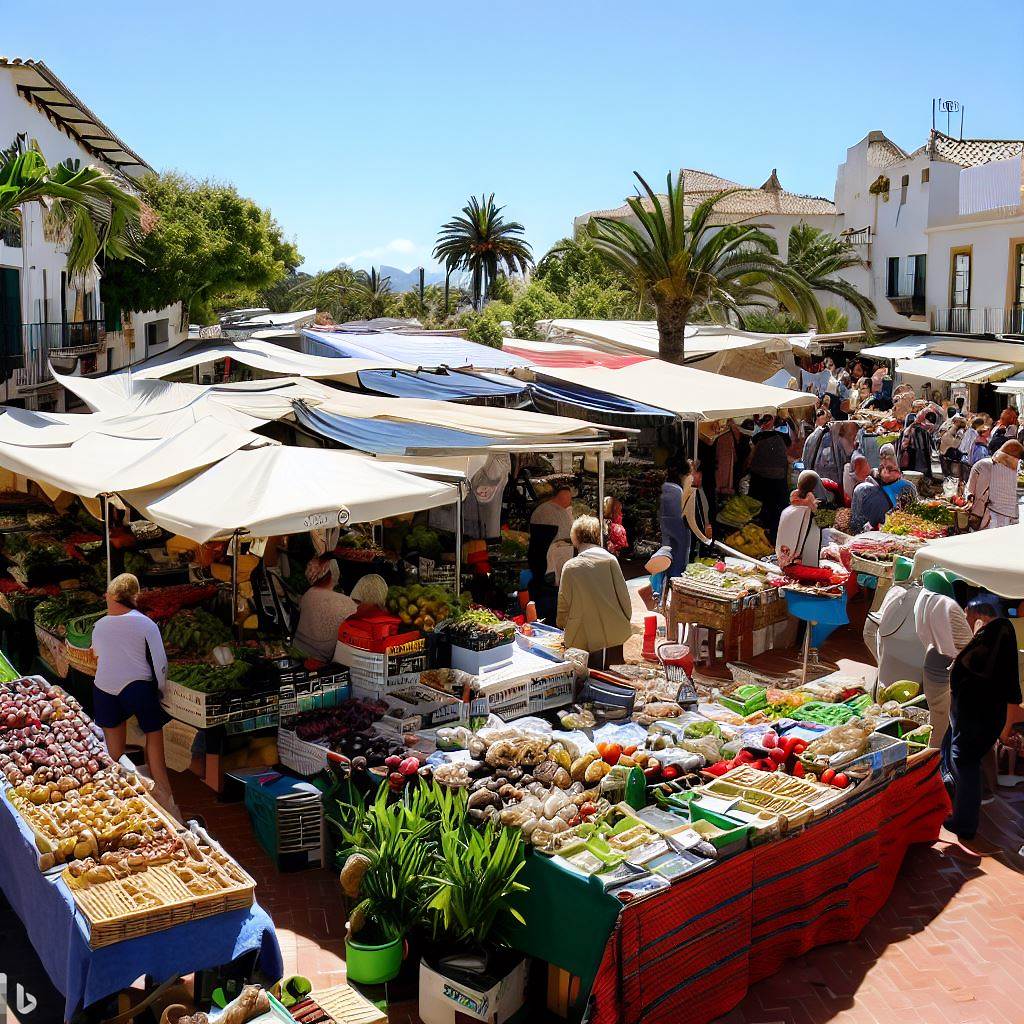 Un mercat a l'aire lliure ple de fruites i verdures, amb paradetes cobertes per tendals blancs i un gran nombre de persones comprant i socialitzant en un ambient animat.