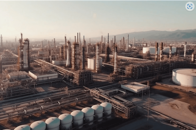Vista aèria d'una instal·lecció industrial amb diverses torres i dipòsits, típics de la indústria petroquímica.